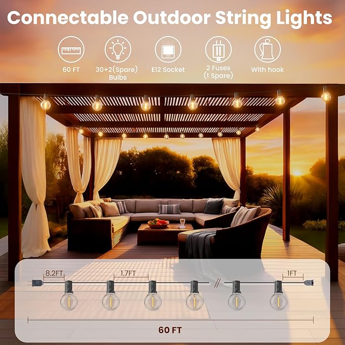 RTTY Dense-Glow Outdoor String Lights 60 ft, G40 Led Patio Globe Lights