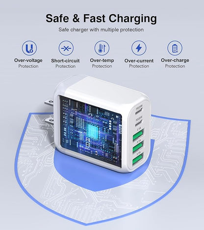 USB C Wall Charger Block, 2Pack 50W 5-Port C Charger Fast Charging Block PD Power Adapter +QC 3.0 Multiport Type C Box Brick Cube USB A Wall Plug for iPhone 16/15/14 Pro Max Plus, iPad,Samsung Galaxy