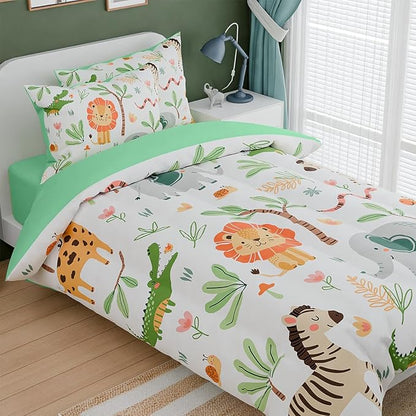 Jungle Animal Kids Bedding Set for Boys Girls, Ultra Soft Microfiber Comforter Set Twin Size 3-Pieces, Comforters Bed Sets for Kid Tween Teen Bedroom Decor