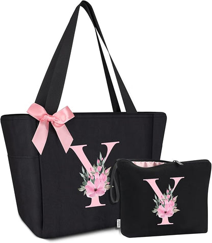 Vavabox Tote Bag, A-Z Initial Monogrammed Waterproof Tote Bag, Bridesmaid Gifts for Women, Black and Pink