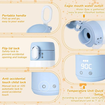 BEBOAN Portable Bottle Warmer for Travel On The Go, Portable Milk Warmer 5-Temp Setting with Lock 12oz Large Capacity, Cordless for Heating Breast Milk Charging with 55w Charger to Get Fast Charging