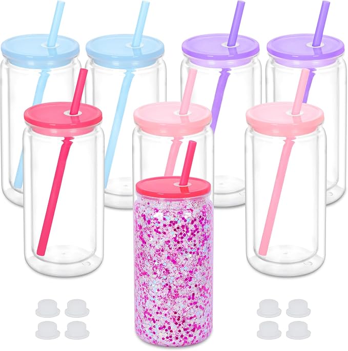 16 Oz Plastic Snowglobe Tumbler, 8 Pack Pre-Drilled Double Wall Plastic Clear