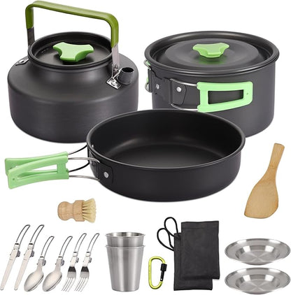 PELLOR Camping Cookware Set, 17pcs Portable Camping Mess Kit with Non-Stick Aluminum Pots, Pans Set and Folding Fork, Lightweight Backpacking Camping Gear for Outdoor/Camping/Picnic/Hiking