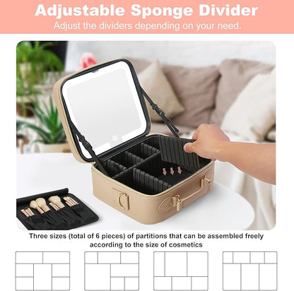 Mocado Travel Makeup Bag with LED Lighted Mirror,Travel Makeup Organizer,Makeup Case with 3 Color Lighted Setting and 10x Magnifying Mirror,Portable Storage and Adjustable Dividers Makeup Box(Khaki)