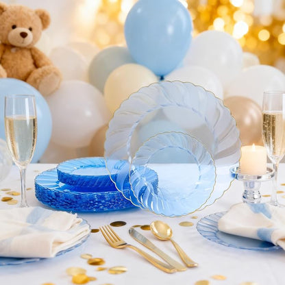 YOUBET 125PCS Clear Blue Gold Plastic Plates