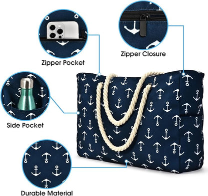 Becokan Beach Bag Large Beach Tote Bag for Women Waterproof Sandproof Swim Pool Bag With Zipper