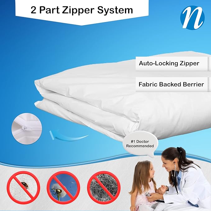National Allergy Premium 100% Cotton Duvet Comforter Protector - King Size - 106" x 86" - White - Breathable 300 Thread Count Hypoallergenic Cover - Zippered Encasement - Bedding Linen