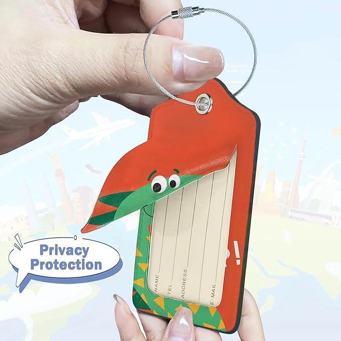 2 Pack Luggage Tags,Leather Suitcase Tags with Privacy Cover Name Address Labels& Durable Steel Loop for Men/Women Travel Bag Suitcases(Cute Cartoon Dinosaur)