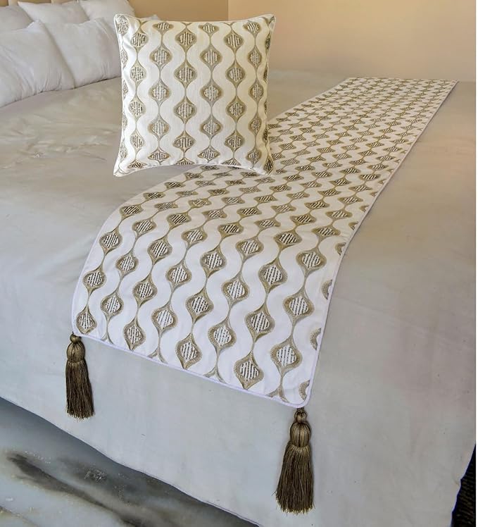 The HomeCentric King/Queen/Twin Beige Decorative Bed Runner Queen 74"x18" Bed Runner with One Pillow Cover, Embroidery, Geometric, Beaded Hand Embroidery Bed Scarf on Linen Fabric - Mahsa