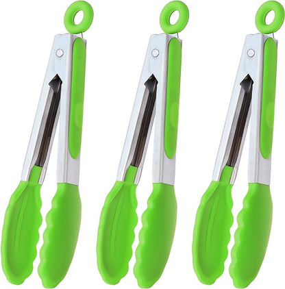 Mini Tongs with Silicone Tips 7 Inches Silicone Cooking Tongs, Set of 3 (Green)