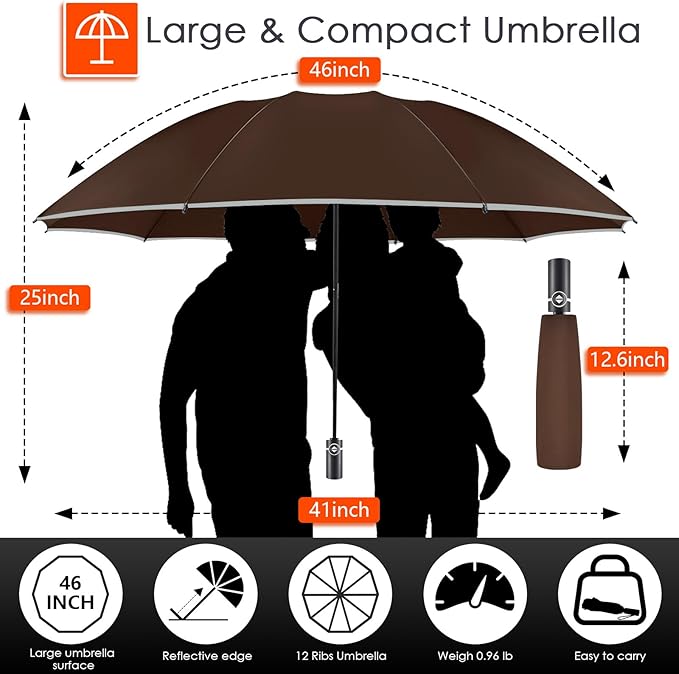 Bodyguard Inverted Umbrella - Large Windproof for Rain & Sun, Compact Reverse With Reflective Stripe, Teflon-Coated for Women Men, Travel Folding With Cover Bag