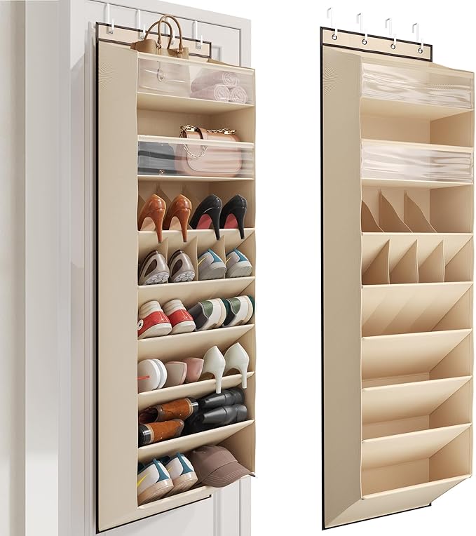 Over the Door Shoe Organizer for Closet, Shoes Rack with 8 Tier Large Deep Pockets, Hanging Shoe Organizers for Boot Storage, Behind the Door Narrow Shoe Holder for Small Shoes, Beige