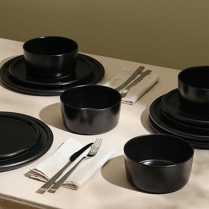 Stone Lain Eden 12-Piece Dinnerware Set Stoneware, Plates and Bowls Set, Dishwasher and Microwave Safe Dish, Dish Set for 4, Black
