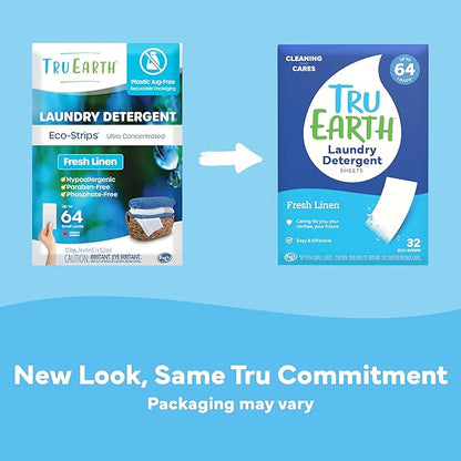 Tru Earth Eco-friendly, Biodegradable, Zero Waste, Cruelty-Free Laundry Detergent Sheets/Eco-Strips for Sensitive Skin, 32 Count (Up to 64 Loads), Fresh Linen Scent