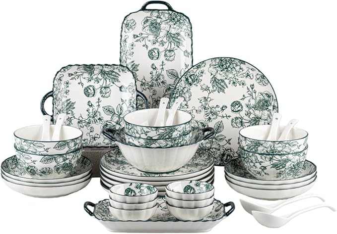 Ceramic Dinnerware Set, Floral Plates and Bowls Sets, Microwave & Dishwasher