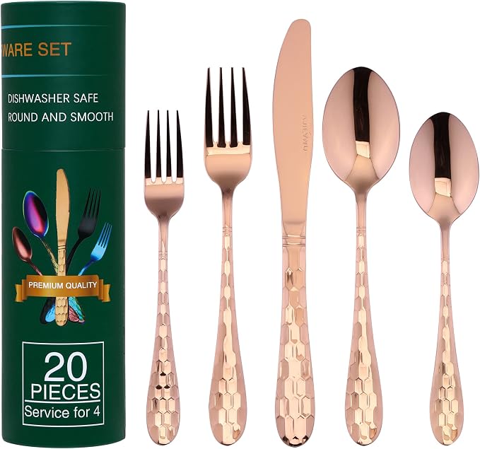 Hammered Silverware Set 20-Piece, 18/10 Stainless Steel Flatware Cutlery
