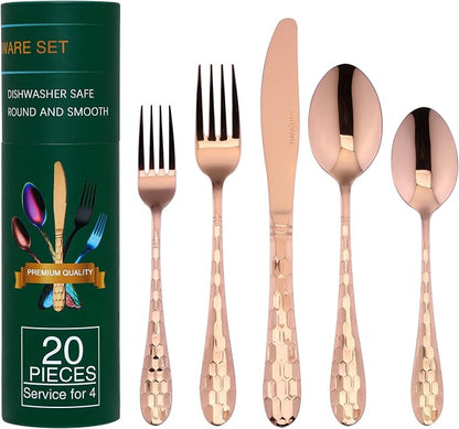 Hammered Silverware Set 20-Piece, 18/10 Stainless Steel Flatware Cutlery