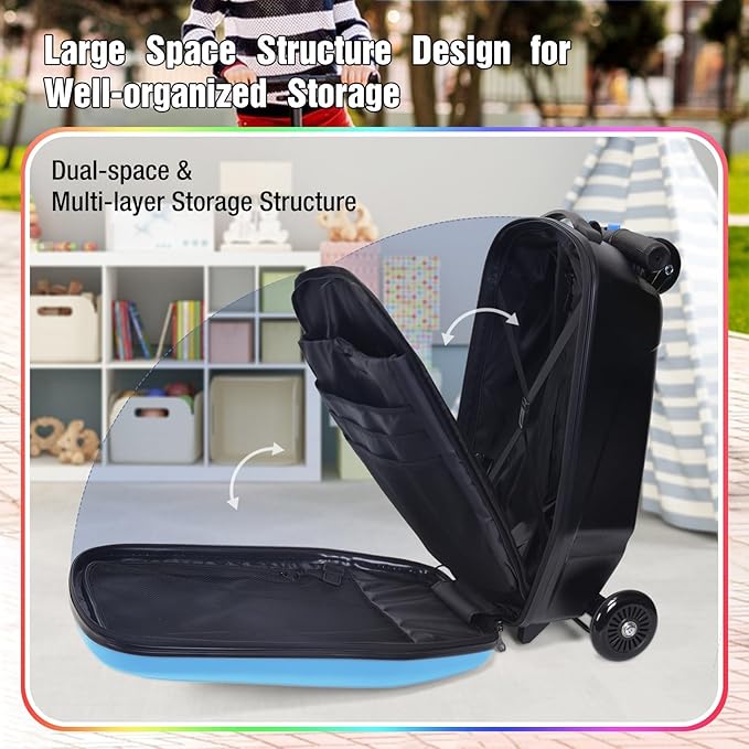 20" Scooter Suitcase for Kids, 2-in-1 Ride On Luggage with Wheels for Boys & Girls Ages 4-15, Foldable Hardshell Carry On Lightweight Travel Suitcase for Airplane
