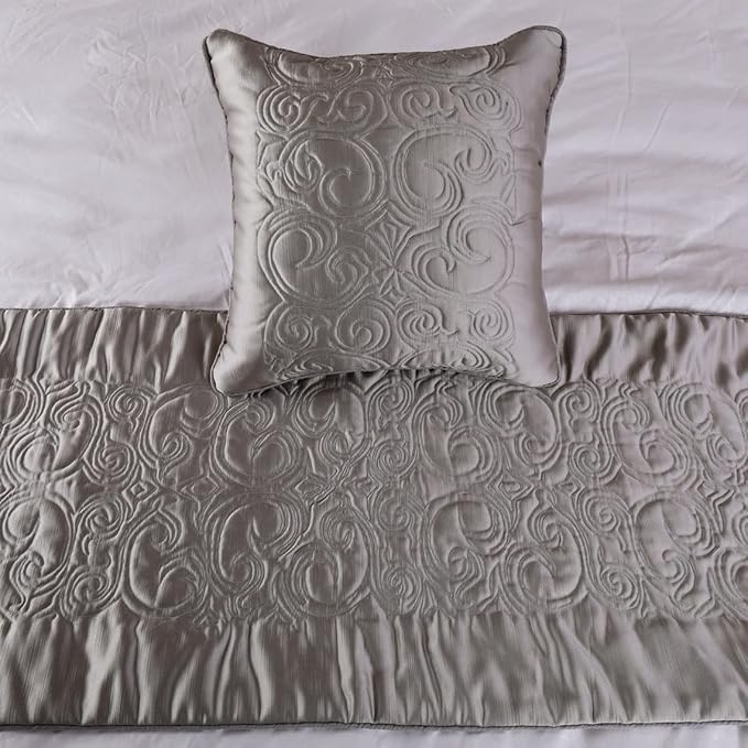 The HomeCentric Decorative Silver King 90 x 18 inch Bed Runner Without Pillow Cover, Satin Quilted Bed Scarf, Abstract Modern - Silver Soft