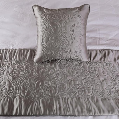 The HomeCentric Decorative Silver Full 68 x 18 inch Bed Runner with Matching Pillow Cover, Satin Quilted Bed Scarf, Abstract Modern - Silver Soft