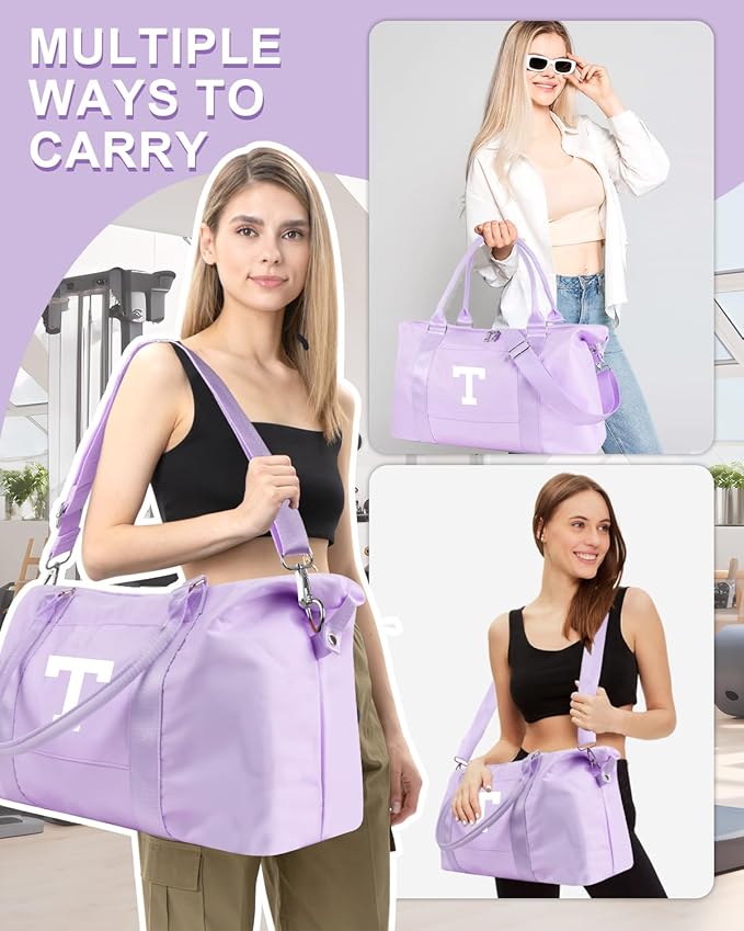Daughter Niece Gifts for Teen Girl Kids, Initial Travel Duffel Bag Sports Gym Bag Personalized Gifts Weekender Bag，Monogram Overnight Bag Cute Dance Bag Birthday Bridesmaid Gifts for Women(Purple, T)