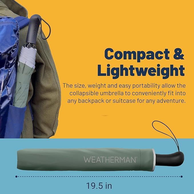 Weatherman Arnold Palmer Compact Collapsible Umbrella for Car and Backpack - Windproof, Resists Up to 55 MPH Winds - Protection From Wind, Rain & Sun (Classic)