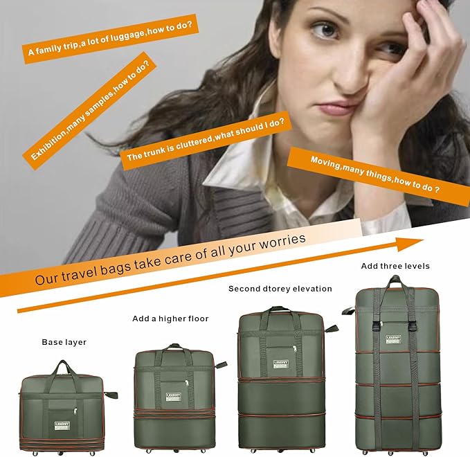 Expandable Large Capacity Travel Bag Oxford Cloth Duffel Bag with Wheels Lightweight Waterproof Travel Foldable Suitcase(ArmyGreen)