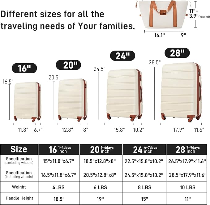 Merax Luggage sets of 13 Piece 16 20 24 28 IN Carry on Luggage sets 4 piece Hardcase White and Brown Luggage Expandable Suitcase Set with Wheels