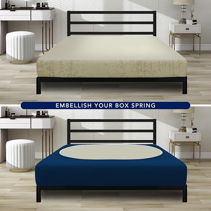 PureFit Stretchy Box Spring Cover Twin - Elastic Fitted Box Spring Wrap Around 4 Sides, Wrinkle & Fading Resistant Fits Twin Size Beds, Navy