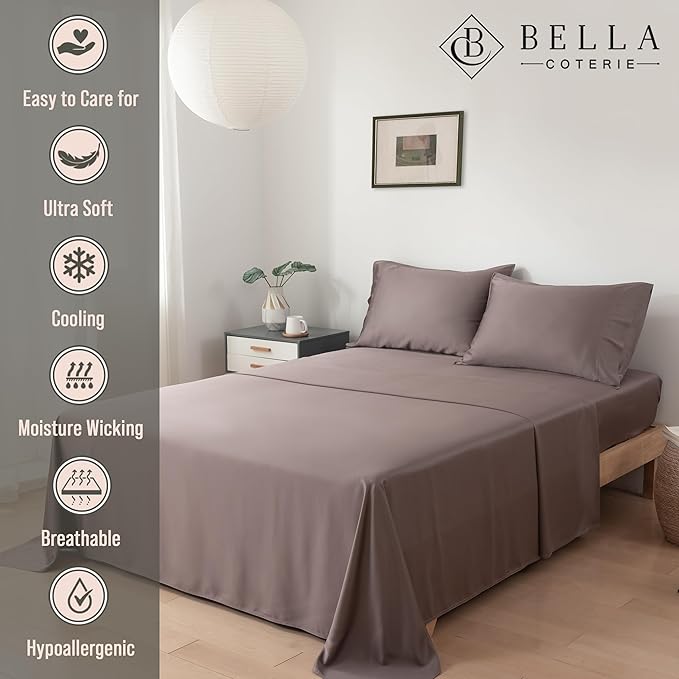 Bella Coterie Luxury Bamboo Viscose Twin Size Sheet Set | 100% Organically Grown | Ultra Soft | Cooling for Hot Sleepers | 18" Deep Pocket [Mocha]