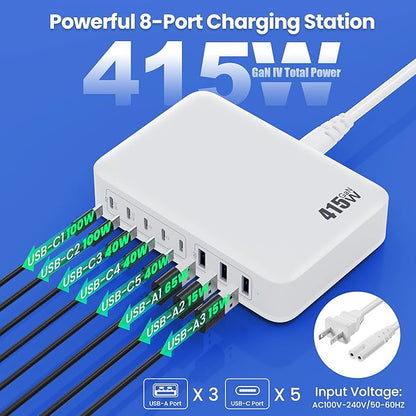USB C Charger 415W USB C Charger Block, 8-Ports GaN IV Fast Charging Station Hub, Dual PD 100W Laptop Charger Adapter,for MacBook Pro/Air/iPad/iPhone16/15/14/Apple Watch/DELL/Samsung for Home Office