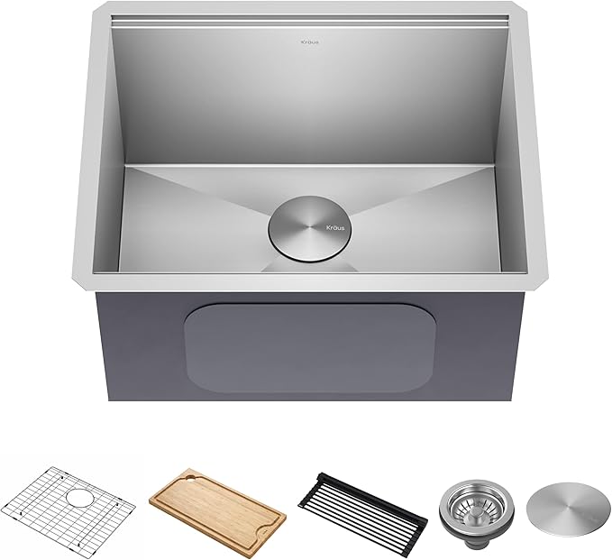 KRAUS Kore 23-Inch Undermount Workstation Single Bowl 16 Gauge Deep Laundry Utility Stainless Steel Kitchen Sink with Accessories, KWU100-23L