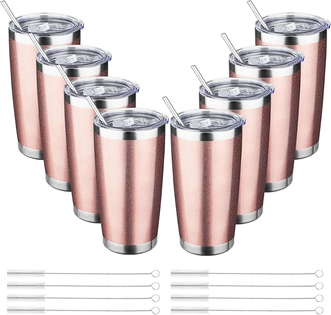20oz Tumbler with Straw and Brush, Stainless Steel Vacuum Insulated tumbler, Double Wall Insulated Coffee Tumbler for Outdoor, Home, Travel,Office (Rose Gold,8pcs)