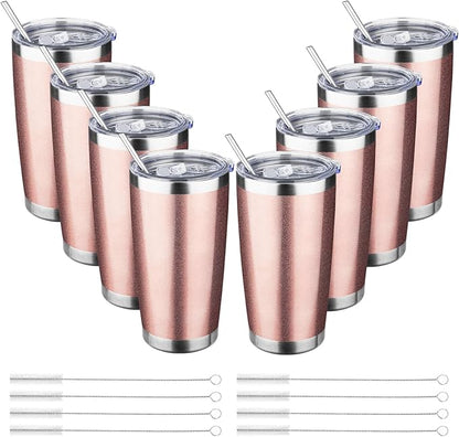 20oz Tumbler with Straw and Brush, Stainless Steel Vacuum Insulated tumbler, Double Wall Insulated Coffee Tumbler for Outdoor, Home, Travel,Office (Rose Gold,8pcs)
