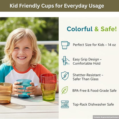 14 oz Plastic Stackable Drinking Tumblers, Dishwasher Safe, Durable