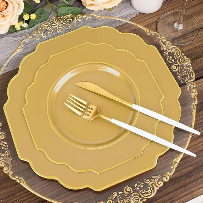 Gold Hard Plastic Dessert Plates, 50 Pack 8" Disposable Round Baroque Plates