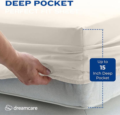 DREAMCARE King Size Sheets Set - Cooling Bed Sheets - 4pcs Set - up to 15" Deep Pocket King Sheet Set – Soft & Long Lasting Cooling - 100% Fine Brushed Polyester with Side Pocket - Ivory