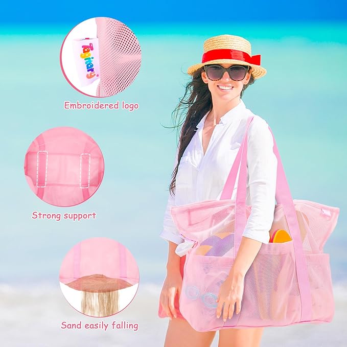 Tagitary Mesh Beach Bag with Zipper Large Beach Tote Waterproof Sandproof with 8 Pockets for Toys Pool Bag Beach Accessories