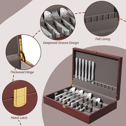 Mahogany Wood Silverware Storage Box,Silverware Case Flatware Chest with Felt Lined,Flatware Storage Box for 12 sets of Utensils,Silverware Chest without Silverware,Silverware Organizer with Lid