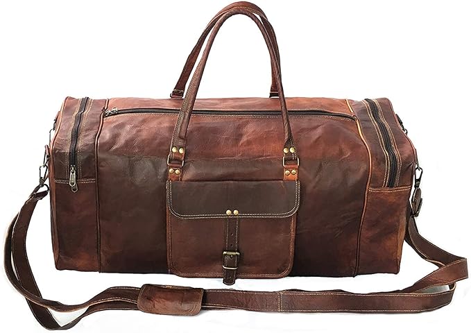 KK's Vintage Leather Duffel Bag, Handcrafted, Stylish & Durable, Ideal for Gym, Travel, Genuine Leather Travel Bag, Brass Rivets & Zippers Size 28"(L),12"(D), 11"(H) Inch