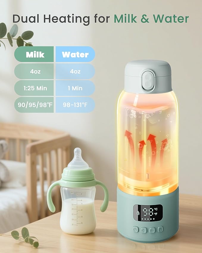 Extended Battery Life Portable Bottle Warmer - Dual Heating Modes for Breast Milk & Water, 17 Ounces, Fast Heating, Ideal for Travel, Outdoor, Baby Shower, Green