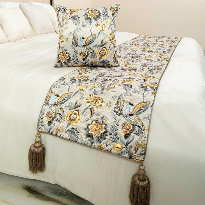 The HomeCentric King/Queen/Twin Grey & Yellow Decorative Queen 74"x18" Bed Runner with Pillow Cover, Peacock, Quilted & Tassels Bed Scarf on Satin Fabric - Peacock Swag