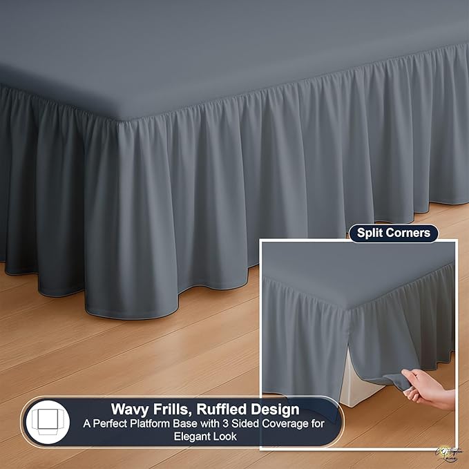 Cottington Lane Ruffled Bed Skirt Queen Size with Split Corner, Brushed Microfiber Hotel Quality Dark Grey Dust Ruffle, 14 Inch Drop Gathered Bedskirt, Soft and Stylish, Shrinkage and Fade Resistant