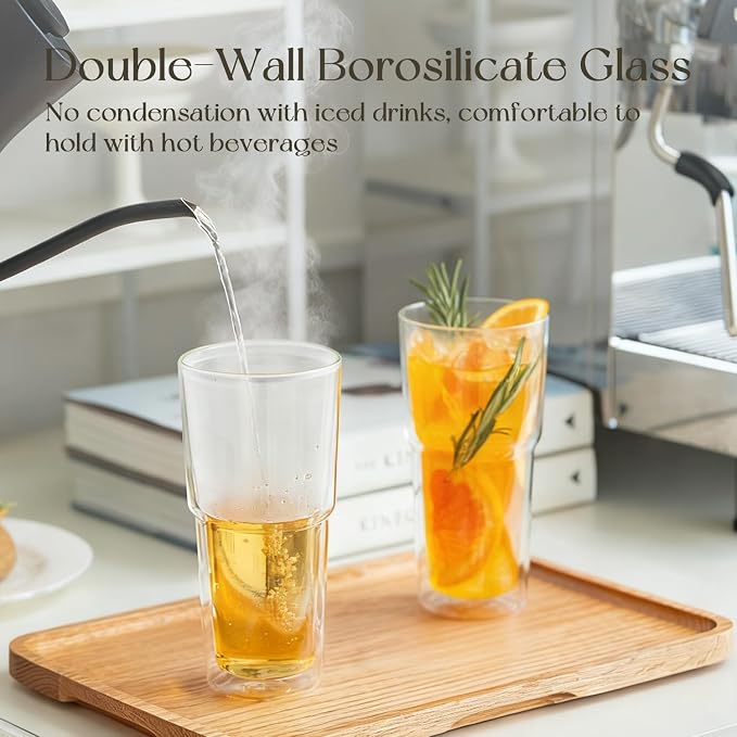 KEMORELA 2PCS 20oz Clear Double Wall Glass Cups