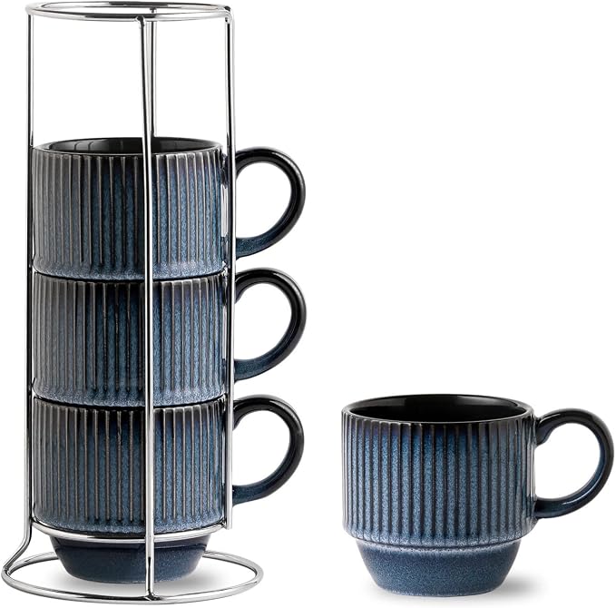 Hasense Navy Coffee Mugs Porcelain Set of 4 - 12 oz Stackable Coffee Cups