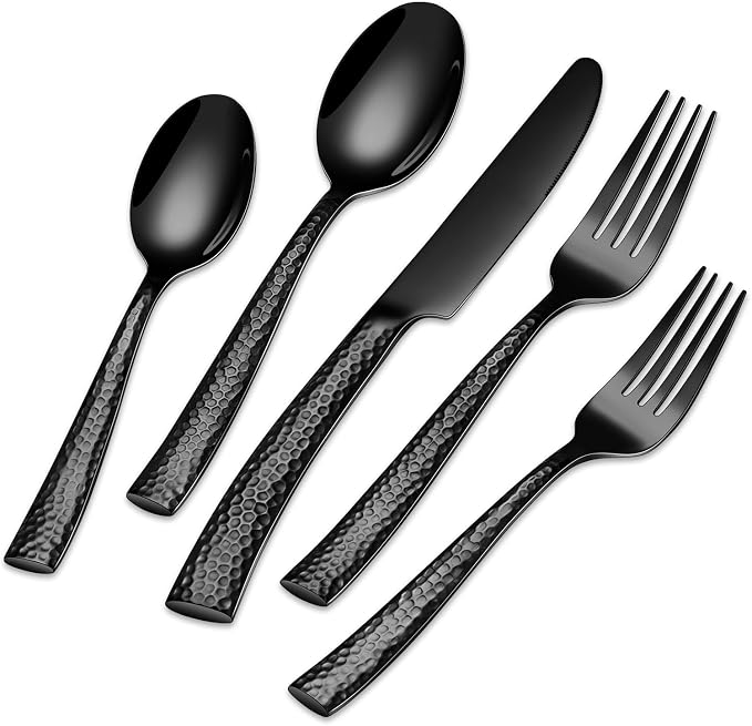 EUIRIO 40-Piece Black Hammered Silverware Set, Stainless Steel Black Flatware
