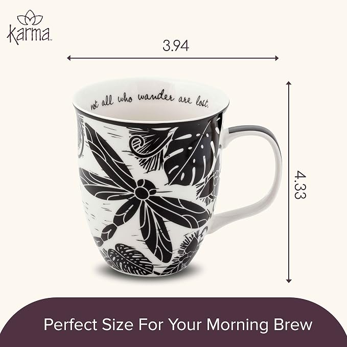 Karma Gifts 14 oz Black and White Boho Mug Dragonfly