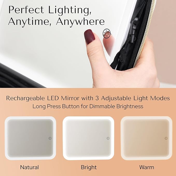 Makeup Bag with LED Mirror – Travel Cosmetic Organizer with Lighted Mirror, Adjustable Dividers & Brush Holder Storage – Portable PU Leather Makeup Case for Women & Girls - Pink