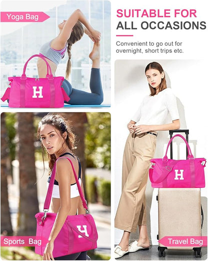 Overnight Bag for Kids Teen Girls Weekender Dance Bag Birthday Graduation Gifts,Initial Travel Duffel Bag Sports Gym Bag Personalized Weekender Bag Carry On Bags Preppy Gifts for Women(Hot Pink, H)