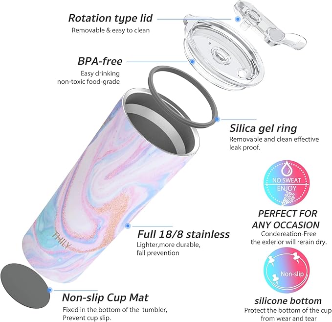 THILY Stainless Steel Vacuum Insulated Tumbler 26 oz Triple-Insulated Travel Mug with Splash-Proof Lid, for Iced Coffee and Hot Beverage, Pink Ripple + Lotus Flower